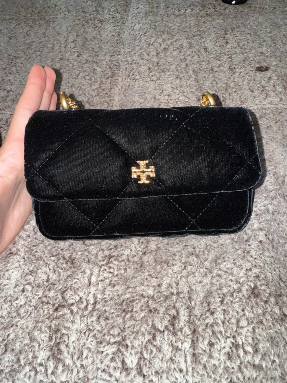 Tory Burch Black Velvet Quilted Crossbody with Gold Chain